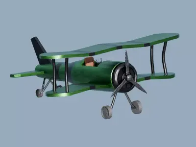 Low Poly Stylized Green Biplane Steampunk Toy Airplane Low-poly 3D model