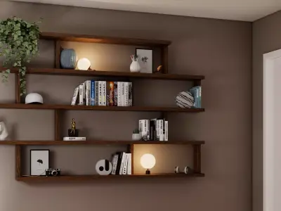 Wall-Mounted Modular Wooden Shelf and Modern Interior Furniture Low-poly 3D model