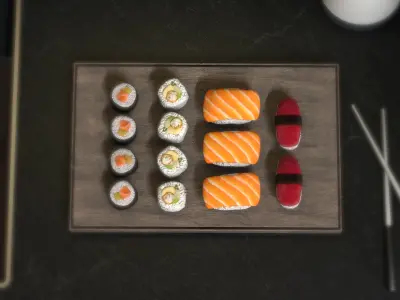 Sushis sushi on cutting board Low-poly 3D model