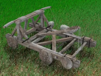3D Catapult wooden cart in grass Low-poly 3D model
