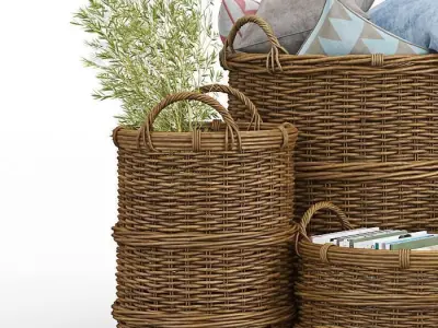 basket wicker baskets with pillows and towels 3D model