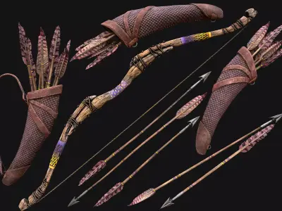 Wooden Bow and Quiver Arrows Fair Medieval Low-poly 3D model