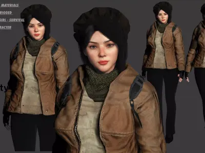 3D HYPER REALISTIC HUMAN RIG-KOREAN ASIAN GIRL - SURVIVAL OUTFIT Low-poly 3D model