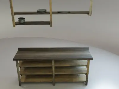 Rustic wooden kitchen counter with shelves Free low-poly 3D model