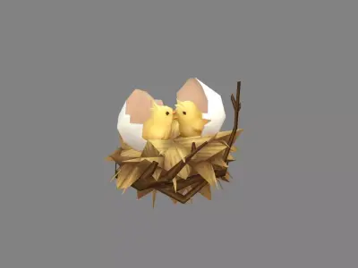 Cartoon bird nest - fledgling - chicks in the nest Low-poly 3D model