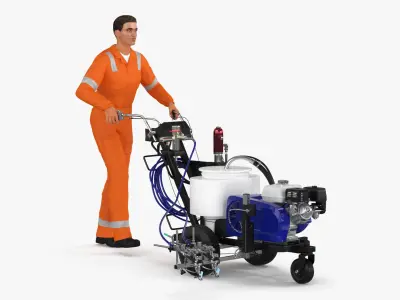 Road Worker with Cold Paint Line Striper 3D model