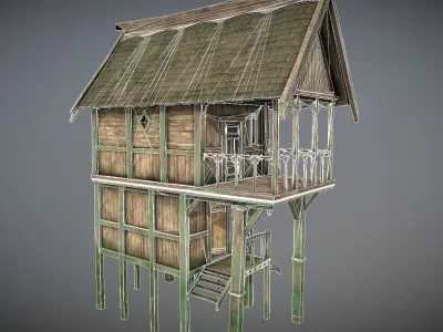 Medieval Lake Village - House 12 with interiors Low-poly 3D model