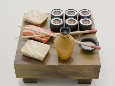  A Cozy Table with Sushi Maki Sashimi and Sauces Low-poly 3D model