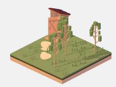 Isometric Village Wood WC street Toilet Low-poly 3D model