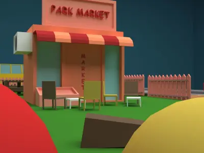 Camp Low-Poly 3D Model town with trees and river Low-poly 3D model