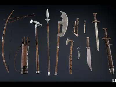 Medieval Viking Weapons and Shields Set Low-poly 3D model