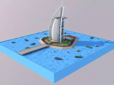 Low Poly Burj Al Arab Hotel Tower Landmark Low-poly 3D model