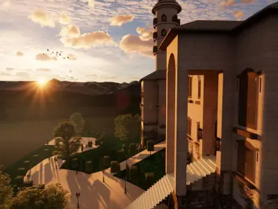 Classic great hall with tower 3d Model Low-poly 3D model