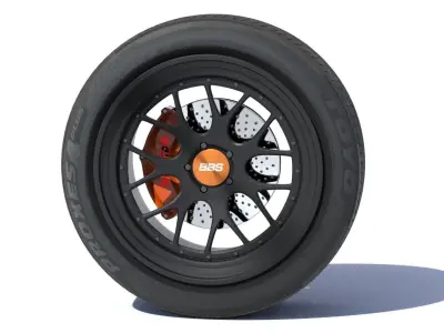 sports car wheel with rim tire and brakes 3D model