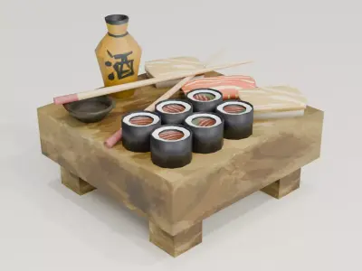  A Cozy Table with Sushi Maki Sashimi and Sauces Low-poly 3D model