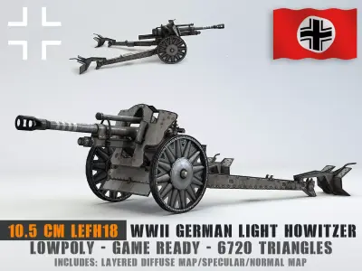 Low Poly 10 5 cm leichte Feldhaubitze Anti Tank Gun Low-poly 3D model