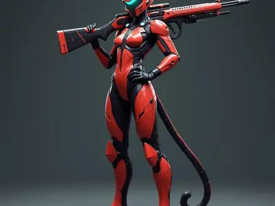 Futuristic Cat Warrior Girl in Red Cyber Armor Free low-poly 3D model