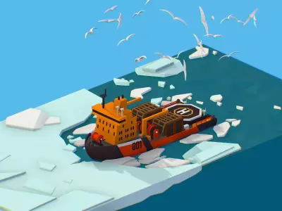 Isometric Boat breaking Ice North pole sea Icebreaker  Low-poly 3D model