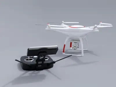 White drone with remote control Low-poly 3D model