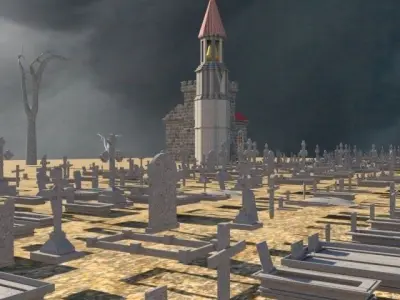 Graveyard church in middle of cemetery Free 3D model