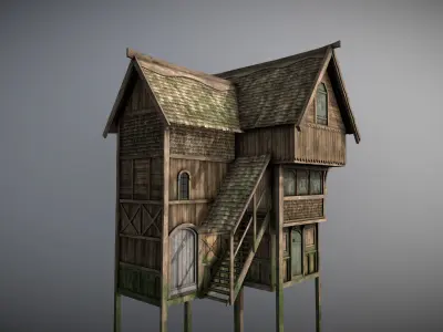Medieval Lake Village - House 5 with interiors Low-poly 3D model