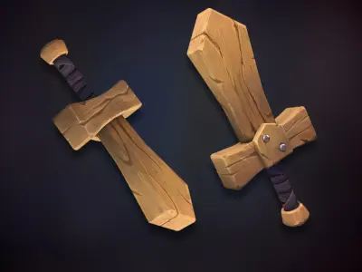 Wooden Shield and Sword Low-poly 3D model