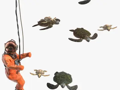 Vintage Deep Sea Diver Suit and Turtles 3D model