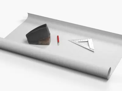Drafting Workspace with Triangle and Pencil Sharpener 3D model