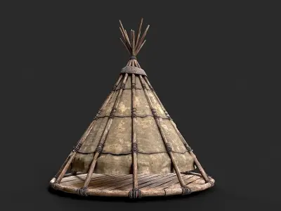 Primitive Wood and Fabric Tent Shelter 3 Low-poly 3D model