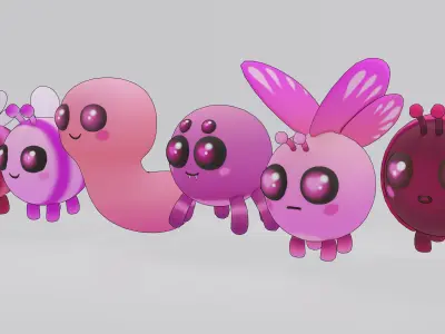 Cute Pink Bug Pack Low-poly 3D model