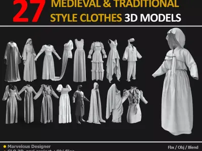 27 MEDIEVAL AND TRADITIONAL STYLE CLOTHES 3D MODELS Low-poly 3D model