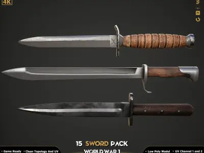 15 Military Sword ww2 Game Ready Low-poly 3D model