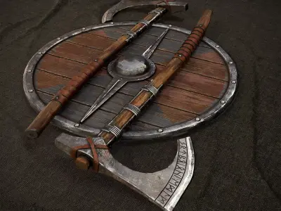 Axe and shield Low-poly 3D model