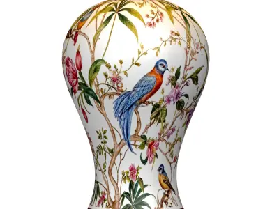 Chinese Flower and Birds Ceramic Nightstand Asian Table Lamp 3D model