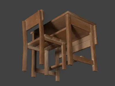 Old wooden school table and chair Free low-poly 3D model