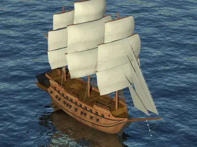 Battleship wooden sailing ship floating in ocean 3D model