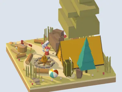 isometric camping ground near a big tree Low-poly 3D model