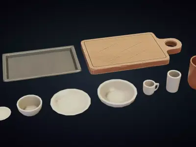 Dishes Tray Cutting Board - Stylized Kitchen Pack - Part 5 Low-poly 3D model