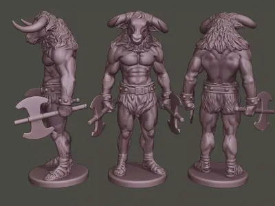 Minotaur Warrior Stand3 two Axes 3D print model