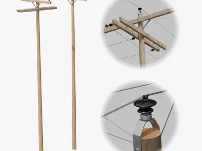 Utility Pole - Wooden Mast with Single Crossarms 3D model
