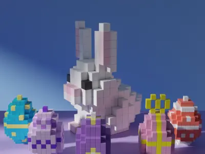 Easter Bunny with Colorful Eggs Voxel Stylized Cubic Low-poly 3D model