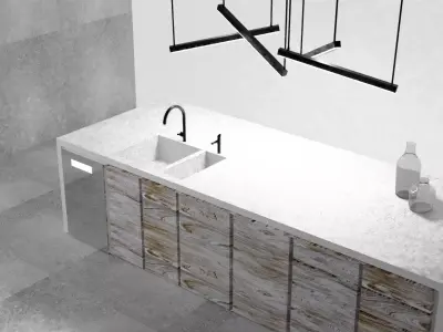 Kitchen island joinery with overhanging feature pendant lighting 3D model