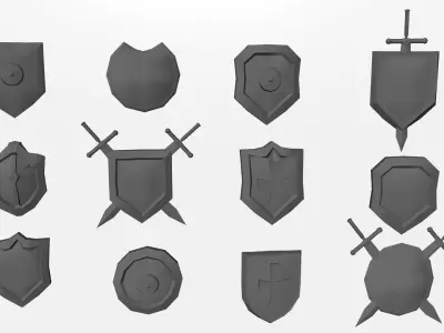 Collection of shields Lowpoly model 12 options UV Free low-poly 3D model
