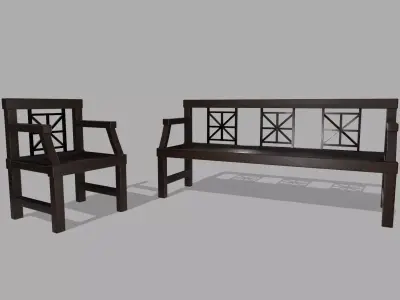 Outdoor Bench and Chair Low-poly 3D model