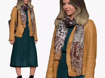 001233 woman in long green dress and yellow jacket 3D model