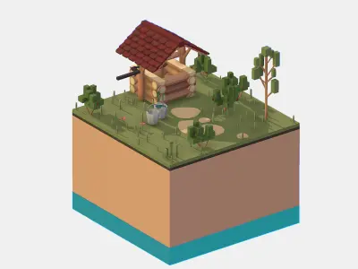 Isometric European Village Well Draw-Well Low-poly 3D model