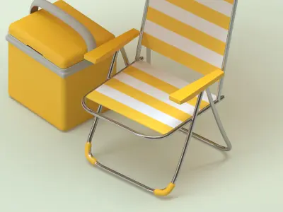 Beach set - striped sun-umbrella folding chair and cooler box 3D Low-poly 3D model