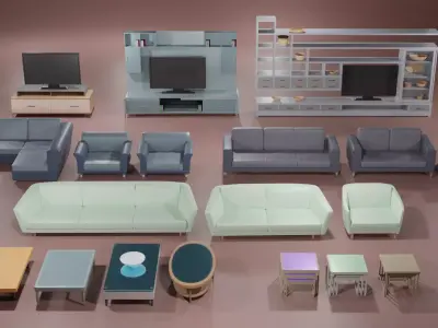 Furniture Set entertainment center with tv Low-poly 3D model