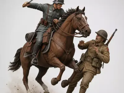 German Cavalry Attack Scene Dynamic Mounted Soldier 3D print model