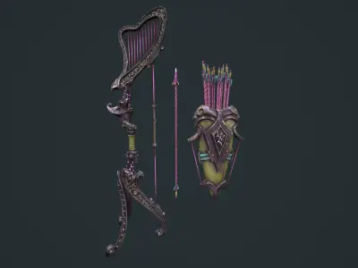Harp bow quiver arrow Low-poly 3D model